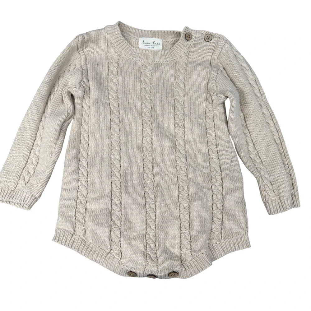 Luna + Luca Organics Beige Cable Knit Romper Bodysuit 12-18M Long Sleeve Oatmeal